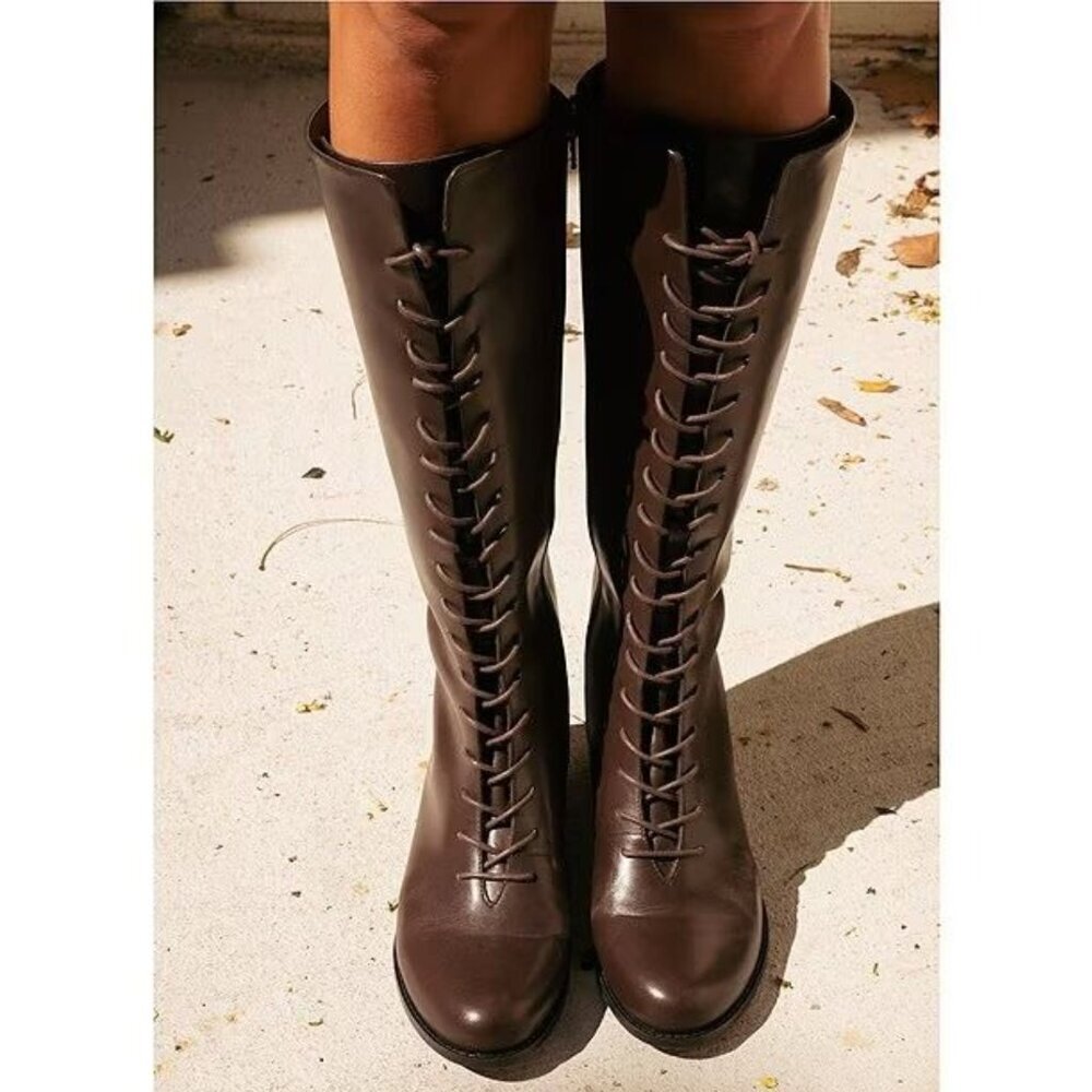 NEW Gianni Bini x Lilly Sisto Pippa Leather Lace Up Riding Boots in Brown Sz. 6 - Picture 2 of 4